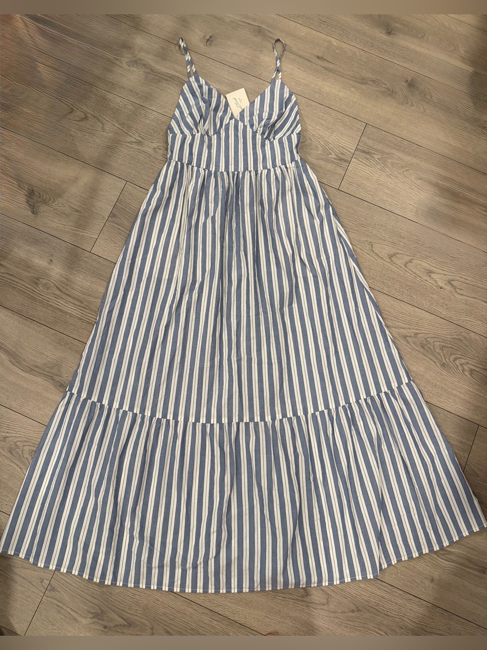 Blue and White Striped Spaghetti‑Strap Dress